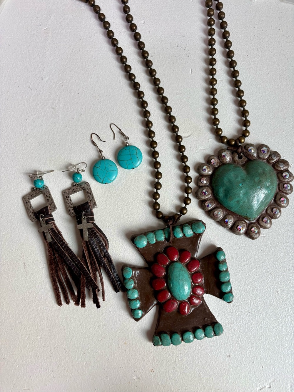 Turquoise & Red Southwestern Cross and Heart Necklace Set